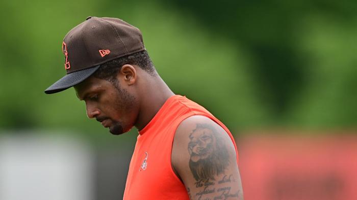 Cleveland Browns quarterback Deshaun Watson (4) walks off the field during organized team activities at CrossCountry Mortgage Campus.